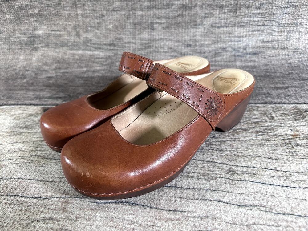 Dansko Solitaire Brown Leather Mary Jane Clog Whipstitched Ankle Strap 11.5-12